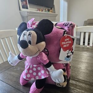 NWT Disney Minnie Mouse 3 Piece Pink Travel Set Blanket, Pillow And Plush